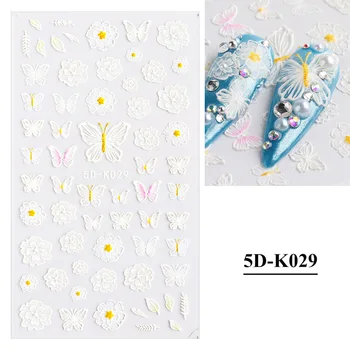 1sheet Balta Įspaustu Gėlių Nėrinių 5d Lipdukas, Decal Vestuvių Nagų Dailės Dizaino Gėlių Drugelis Japonijos Manikiūro Dekoras