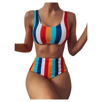 Moterų Plaukimo Kostiumas 2021 Moterų Dryžuotas Push Up High Cut Aukštis Juosmens Apynasrio Bikini Nustatyti Dviejų dalių maudymosi kostiumėlį, maudymosi kostiumą, moterims