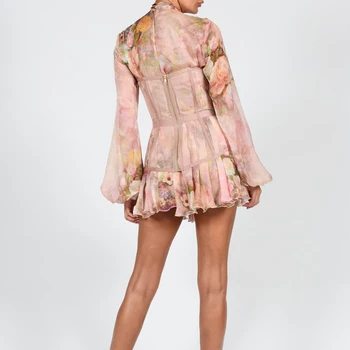 Moterims Dviejų dalių Rinkinys, 2021 M. Vasaros Gėlių Spausdinti ilgomis Rankovėmis Mini Suknelė ir Apvalkalu Femme Atsitiktinis Slim Derliaus Vestidos Apranga F361