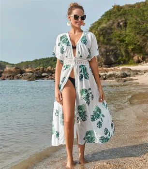 Žaliųjų Bananų Spausdinti Bohemijos Ilga Suknelė Moterims Padengti Iki Paplūdimio Tunika Paplūdimio Maudymosi Kostiumėlį Šifono Pareo 2021 Nėriniai