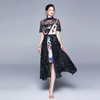 2019 Moterų Tuščiaviduriai Iš Nėrinių Šalis Suknelė Nereguliarus Dizaineris Midi Suknelė Office Lady Slim Fit