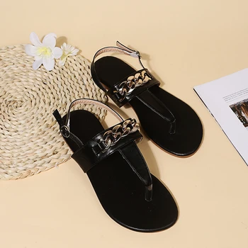 Prabangus Dizainas Moterims, Elegantiškas T-Strap Grandinės Nuorodą Butas Thong Sandalas Juodos spalvos, Aukso Spalvos