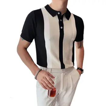 Elegantiškas Spliced Spalvos Polo Marškinėliai Vyrams Aukštos Kokybės Orui 2021 Trumpas Rankovės Megztos Polo Marškinėliai Office 