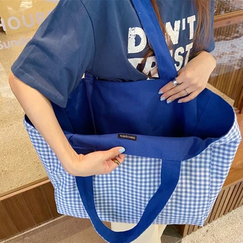 Drobė Abi Pusės Shopper Bag Petį Krepšys Moterims 2021 Languotas Prabangių Projektuotojo Rankinės, Didelės Talpos Kelionės Moterų Tote Bag