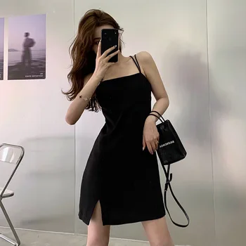 Moterų Berankovis Suknelė Velniop Kaklo Backless Mini Spageti Dirželis Juodas Seksualus Retro Pilvo Plonas Formos Brandus Paprasta Korėjos Stiliaus