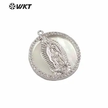 WT-MP144 WKT Naujas mažo dydžio, balta MOP shell mergelės marijos religinių pakabukas karšto aukso electroplated apvalios monetos marija pakabukas