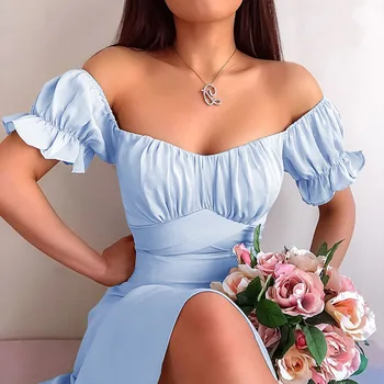Foridol Off Peties Mėlynas Boho Ilga Suknelė Moterims Atsitiktinis Paplūdimio Summer Maxi Dress Bowknot Atgal Suknelė 2021 Korėjos Drabužių Moterims