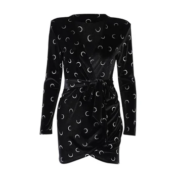 InstaHot Derliaus Moterų Suknelė Mėnulio šviesą Atspindinčios Spausdinti V-Kaklo, ilgomis Rankovėmis Raukšlės Tvarstis Mini Suknelės 2021 M. Rudenį Seksualus Streetwear