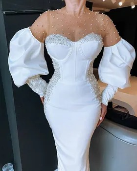 Elegantiškas Baltas O-kaklo Vakaro Suknelės ilgomis Rankovėmis Perlai Zawalcowany arabų Oficialią Suknelės Dubajus Ilgai Prom Šalis, Chalatai chalatas de soirée