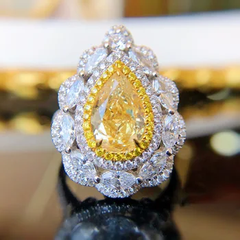 QTT 925 Sidabro Atidaryti Žiedai, Moterų, Prabangos Didelis Vandens Lašas Yellow Diamond Didelis Cirkonis Gėlių Prabangių Sužadėtuvių Dovana, Papuošalai