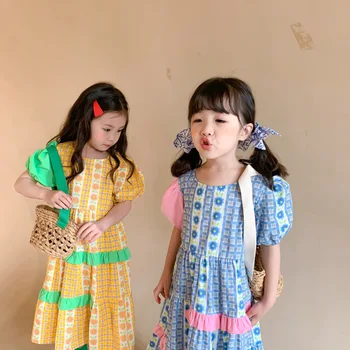 2021 M. Vasarą Naujų Mergaičių Suknelė Korėjos Kontrasto Susiuvimo Rankovėmis Plisuotos Gėlių Suknelė