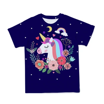 2021 Nauja Pavasario Vasaros Berniukų Ir Mergaičių 3D Marškinėlius 4T-14T trumparankoviai Vaikų Drabužių Mielas marškinėliai-O-Kaklo Rožinis Vienaragis