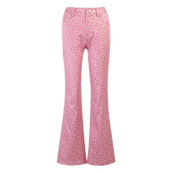 2021 vasaros new pink leopard print užsiliepsnojo atsitiktinis kelnės moterims aukšto juosmens slim sporto džinsai