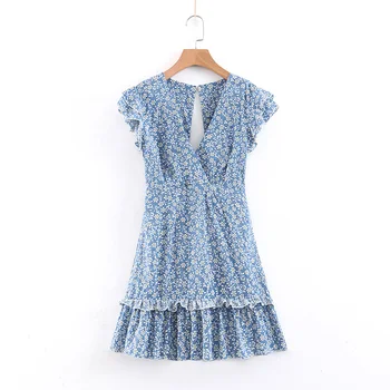Elegantiškas moterų mini suknelė mėlyna su sahes reguliuojamas raukiniai spausdinti v kaklo tuščiaviduriai iš backless vasaros suknelė moteris