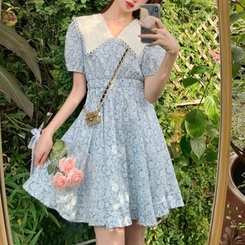 Trumpas Rankovės Derliaus Gėlių Suknelės Moterims Atsitiktinis prancūzijos Saldus Mini Suknelė Moterys Dizaino korėjos Stiliaus Nėrinių iki 2021 m. Vasarą Boho