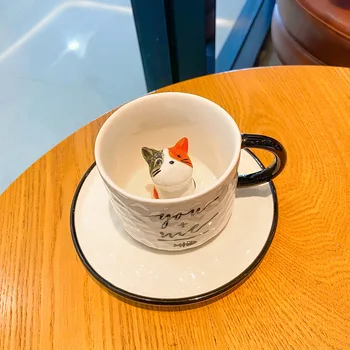 Katė kavos puodelio plokštė Mielas keramikos taurė Cartoon kūrybos Taurės restoranas pieno arbata pusryčiai taurės studentų dovana Taurė