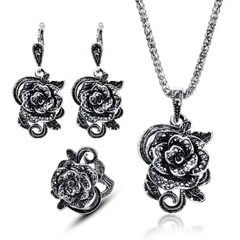 3Pcs Senovinių Sidabro Spalvos Papuošalų Rinkinys Black Crystal Rose Flower Papuošalai Rinkiniai Moterims Vestuves Dovana Mados