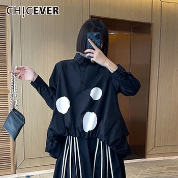 CHICEVER Black Dot Marškinėliai Moterims Atvartas ilgomis Rankovėmis Megztinis Prarasti Nukentėjo Spalvos, Netaisyklingos Palaidinės Moterų Mados Drabužių 2021 Naujas