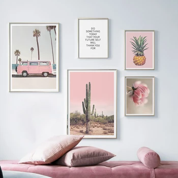 Modulinė Rožinė Automobilių Art Nuotraukų, Pink Gėlių Meno Drobė Sienos Milteliai Paveikslai Spausdinti Plakato Kambarį Namų Puošybai Be Rėmelio