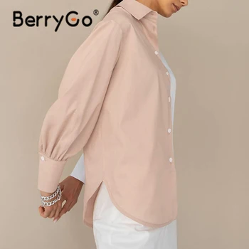 BerryGo Rudens Spalvos Bloką Atsitiktinis Moterų Palaidinė Kietas Medvilnės Atvartas Apykaklės Office Lady Marškinėliai Visą Žibintą Rankovėmis Moteriška Viršuje 2021