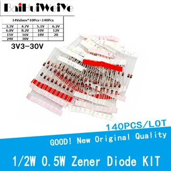 140PCS/DAUG 1/2W 0,5 W Zener diodas kit DO-41 3.3 V-30 V komponentas 