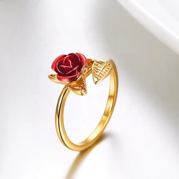 Raudona Rožė Sodo Gėlių Lapai keičiamo dydžio Piršto Žiedai Moterų Valentino Dienos Dovana, Papuošalai Karšto Pardavimo 2021 Atviras Žiedas