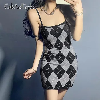 Korėjos Y2K Estetinės 90s Mini Suknelės Moterims Argyle Spausdinti Vasaros Seksualus Bodycon Suknelė Clubwear Rankovių Mielas Audinys Cuteandpsycho