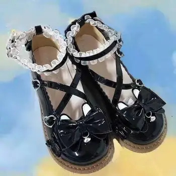 Apvalios galvos mažo kulno studentų Lolita batai vaikams, 2021 m. vasarą naujas Japonų Britų stiliaus mielas lankas vieną batai