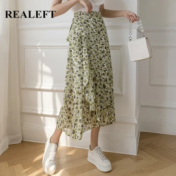 REALEFT 2021 Naujas Vasaros Sijonai Moterų Elegantiškas prancūzų Stiliaus Susiėmę Slidinėti-line Aukštos Juosmens Aukščio vientisas Gėlių Sijonas