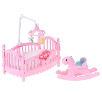 1pc Rožinė Princesė Lėlės Priedai Lėlės Plastikiniai Vaikų Mergaičių Dovana Miniatiūriniai Lovelę Lovos Ir Mediniai Arklys
