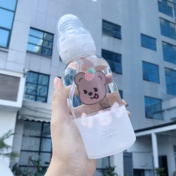 Mielas Lokys žindukas stiklo butelis su šiaudų kawaii Spenelių Puodelio vandens butelį, mergaitėms, vaikams, nešiojamų vandens puodelį BPA free dovanos