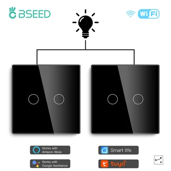BSEED 2Packs LED Šviesos Touch Perjunkite Wi-fi 2Gang 1/2/3way Smart Sienos Jungiklis Wireless Wifi Alexa Jungiklio, Smart Gyvenimo Tuya APP Kontrolės