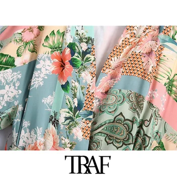 TRAF Moterų Mados Su Diržo Gėlių Spausdinti Kimono Palaidinės Derliaus Trys Ketvirtį Rankovės skeltukais Moterų Marškiniai, Elegantiškos Viršų