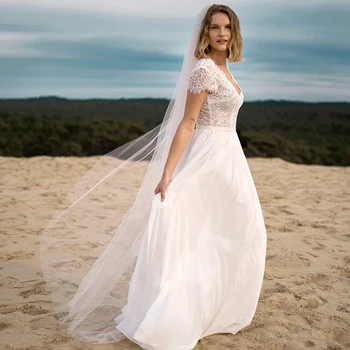 Trumpas Rankovės Vestuvių Suknelės 2021-Line Bohemijos Šifono Nuotakos Suknelė Paprasta Paplūdimio Skraiste De Mariee Pigūs Elegantiška Moteris Panele