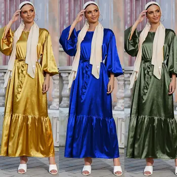 Ramadanas Eid Abaja Dubajus Šilko Sklandžiai Audinio Musulmonų Suknelė Islamas Abayas Moterų Vestidos Skraiste Longue Vetement Femme Musulman Rūbeliai
