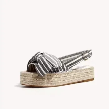 Dryžuotas storio apačioje lankas-mazgas žvejys sandalas atgal dirželis peep tne šiaudai megzti gladiatorių vasaros romos sandalias prabangus dizainas