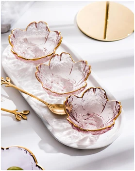 Mažą Stiklinį Indą Šiaurės Stiliaus Aukso Apdaila Stiklo Padažas Dubenį Mini Japonijos Vyšnių Žiedų Prieskonių Plokštė, Ledų, Vaisių Salė