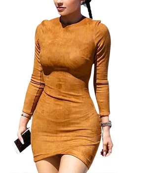 2021 Ilgomis Rankovėmis Slim Šalis Suknelė Seksualus Klubas Ruda Vestido Moterų Žiemos Suknelės Kylie Jenner Oda Stora, Dirbtiniais Suede Bodycon Suknelė