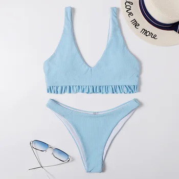 Seksualus Mėlynos Spalvos Briaunuoti Brazilijos Įžūlus Thong Bikini Nustatyti Pasėlių Viršuje Ruched Swimsuit Moterys 2021 M. Maudymosi Kostiumėliai Plaukti Paplūdimio Drabužiai Maudymosi Kostiumas