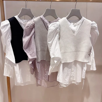 2021 m. Pavasarį Naujas Japonų Moterų Sluoksniuotos Rankovėmis Marškinėliai Slim + Trumpas V-kaklo, Megzti Liemenę, Dviejų dalių Komplektas