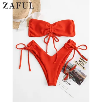 ZAFUL Ryškiai Oranžinės spalvos Tekstūra Cinched Aukštos Kojos, Bikini maudymosi Kostiumėliai Moterims, Seksualus Apynasrio Bralette Bikini Rinkiniai, Dviejų dalių Maudymosi