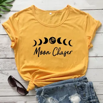 Mėnulis Chaser Medvilnės marškinėliai Juokinga Tiesiog Etapo Marškinėlius Camiseta Estetinės Moterų Grafinis Paslaptingas Witchy Black Marškinėliai Viršų