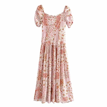 Elegantiškas Moterims Gėlių Spausdinti Kratinys Midi Suknelė 2021 M. Vasarą Naujas Bohemijos Sluoksniuotos Rankovėmis Aikštėje Apykaklės Aukštos Juosmens Holuday Vestidos
