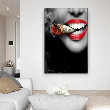 Sexy Red Lips Smoking Money Girl Art Canvas Print Painting Cool Girl Wall Picture Modern Living Room Bar Home Decoration Poster