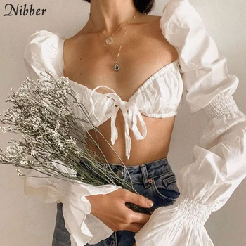 Nibber prancūzijos Romantiškas, Elegantiškas Apkarpyti Viršūnes Moterų Saldus marškinėliai-Vasaros Gatvėje, Laisvalaikio Drabužiai Moterų Balta Visą Rankovėmis Tee 2021Top