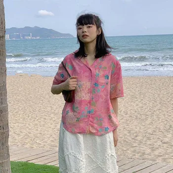 Vasaros Trumpomis Rankovėmis Gėlių Rausvos Spalvos Marškinėliai Moterims Įpjovomis Prarasti Paplūdimys Patogūs Korėjos Stiliaus Atsitiktinis Outwear Ulzzang Retro Harajuku