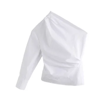 2021 marškinėliai pavasarį naują moterų nesimetriškas nuožulnios pečių viršus popelinowy balta backless atidaryti clavicle vieno rankovėmis marškinėliai