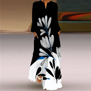 2021 Europos ir Amerikos Rudenį Naujų Ponios Retro Drugelis Spausdinti Ilga Suknelė su V-kaklo, ilgomis rankovėmis Suknelė su Kišenėmis