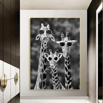Juokinga Meno Žirafos su Akiniais Plakatai ir grafika Juoda ir Balta Gyvūnų Drobės Tapybos Sienos Menas Nuotraukos Namų Puošybai