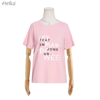 ARTKA 2021 m. Vasarą Naujų Moterys T-shirt Mados Atsitiktinis Laišką, Print T-marškinėliai trumpomis Rankovėmis O-Kaklo Švelni Rožinė T-shirt TA28015X